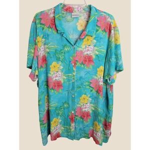 Koret Francisca Blouse Vintage Tropical Floral Hawaiian Textured Top Blue 2XL